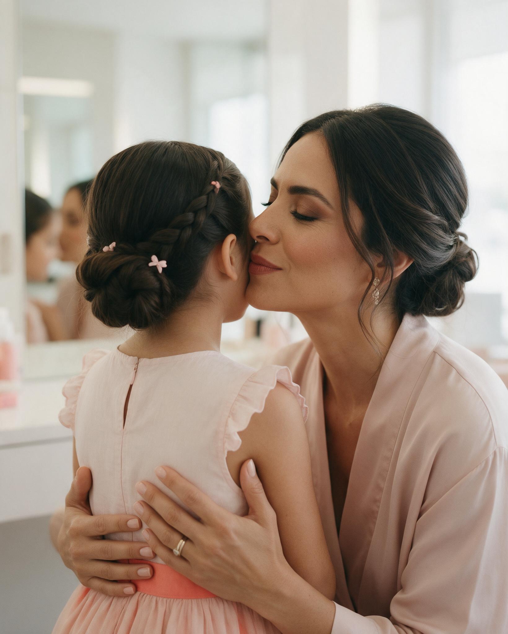 Mamá con maquillaje y peinado social junto a su hija con peinado infantil frente al espejo del salón, compartiendo el momento; la niña de espaldas, sin mostrar su rostro.