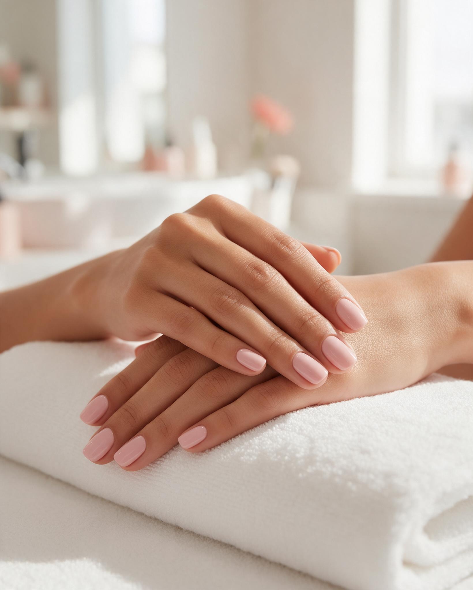 Manos de una clienta con Gelish de un tono (rosa palo o rojo clásico) sobre una toalla blanca, uñas de largo medio; luz natural lateral, sin filtros que cambien el color.